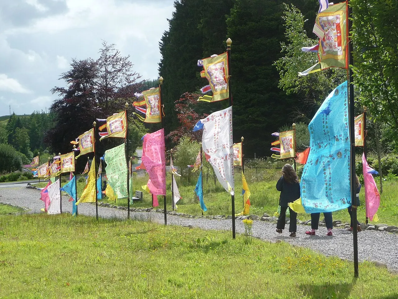 Colourful Tibetan prayer flags hanging in the mountain air