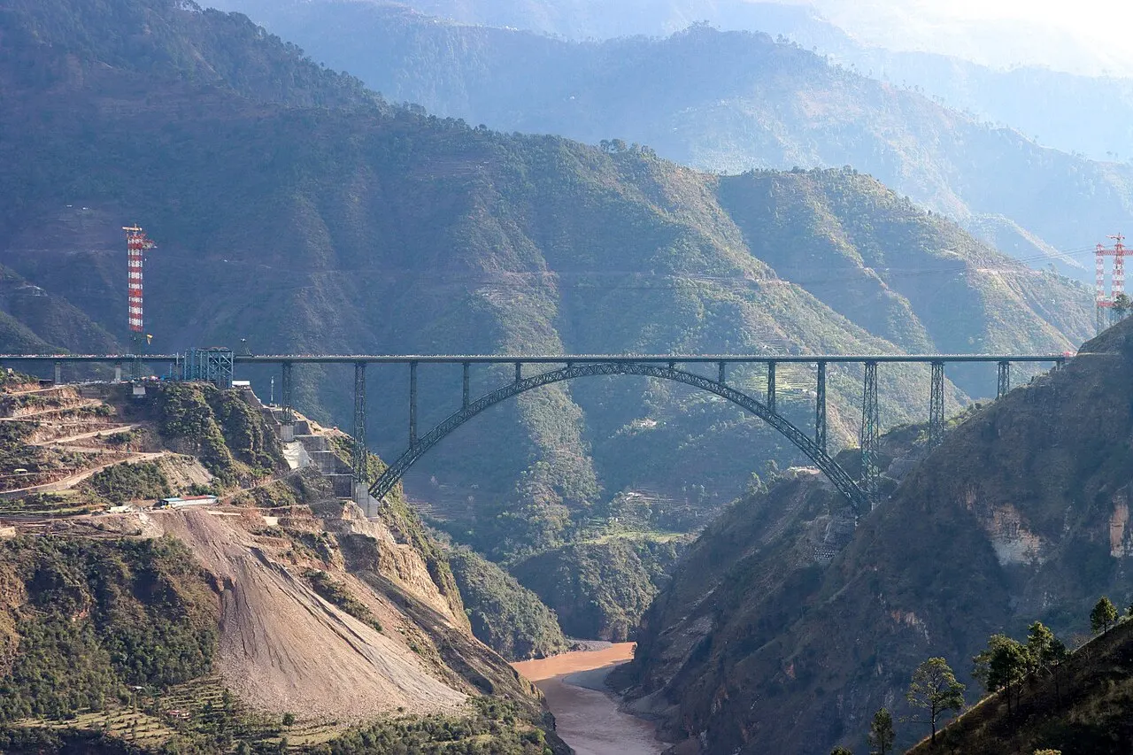 Chenab rail bridge arching high over the Chenab river gorge in Jammu and Kashmir